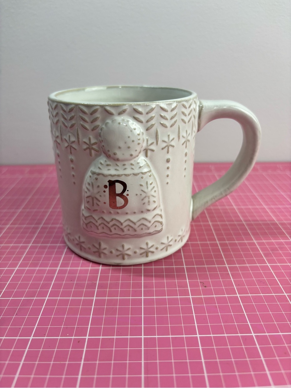 Anthropologie Snowcap Reactive Glazed Christmas Monogram B Embossed Mug 16oz